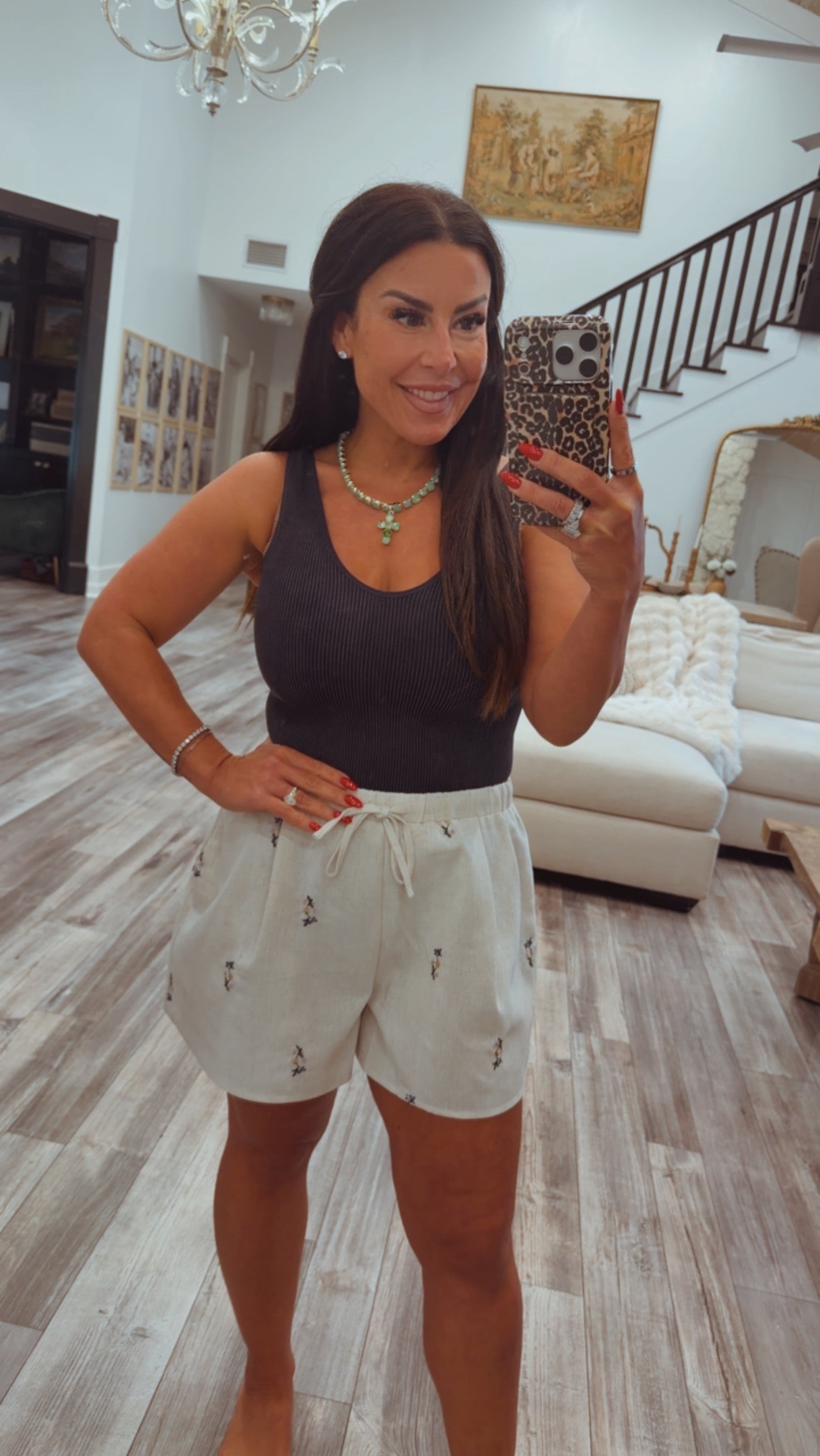 Cream Linen Floral Embroidered Shorts