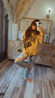 Camel And Black Floral Lightweight Sweater