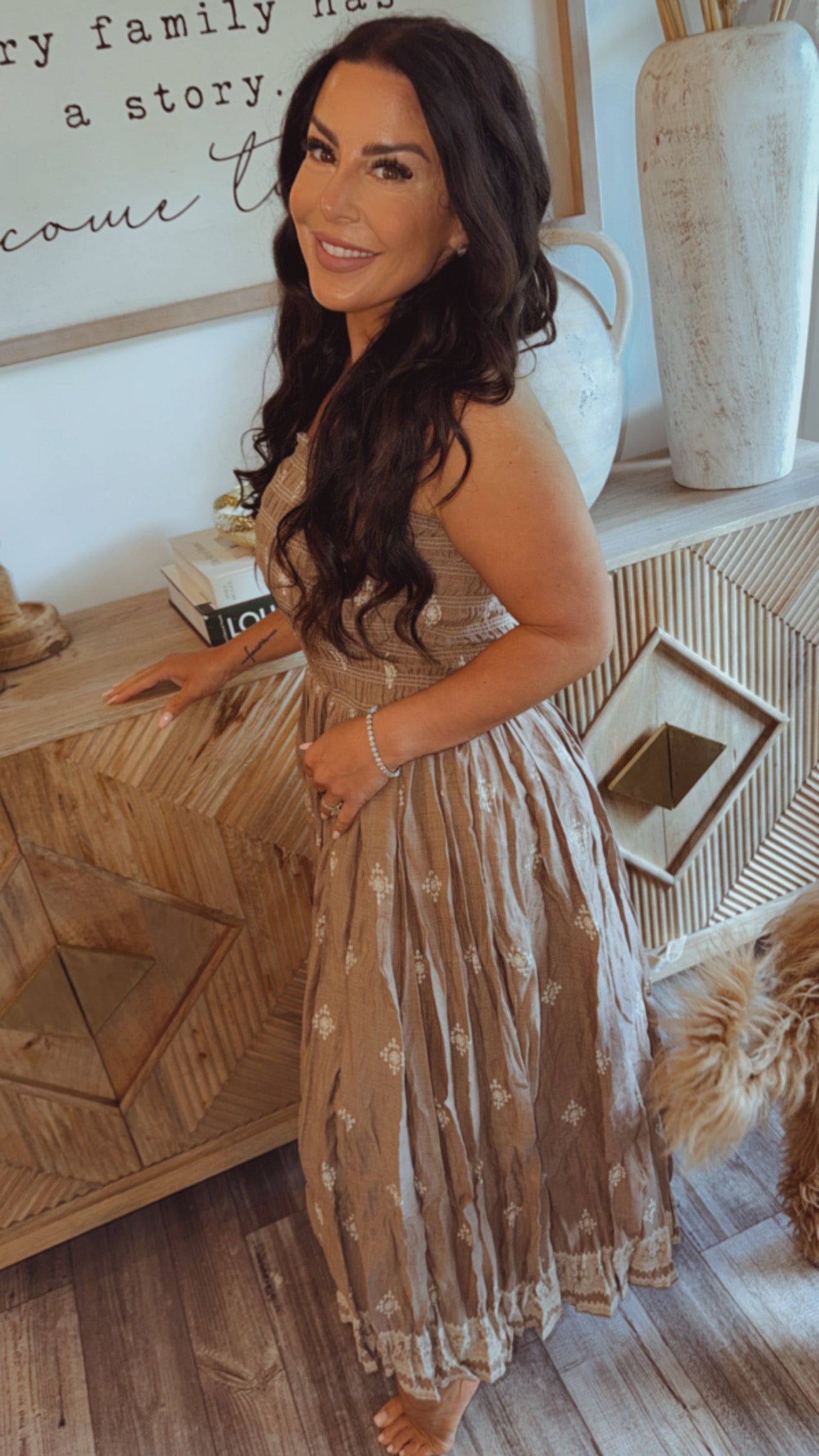 Mocha And White Stapless Smocked Midi Dress