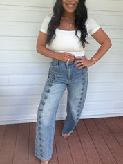 Blue Studded And Cross Stich Jeans