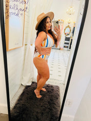 Multi Color White Blue and Orange Stripe 2 Piece Bathing Suit