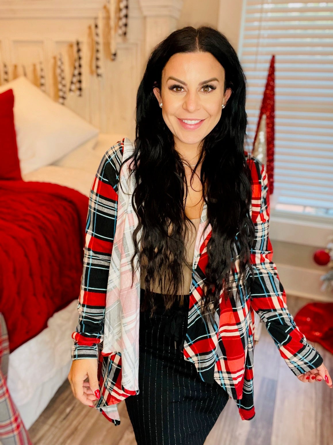 Multi Color Plaid Open Front Hoodie Cardi
