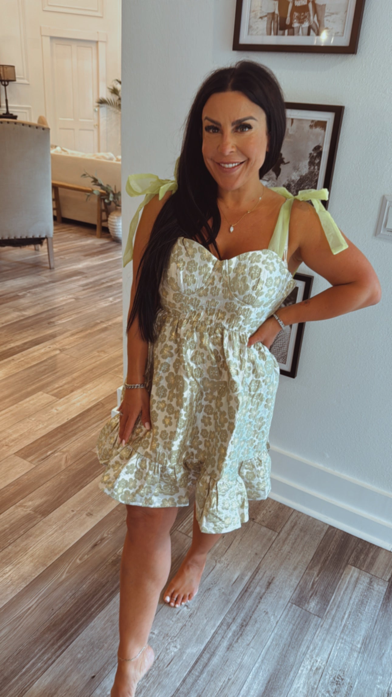 Shiny Gold and Green Floral Mini Dress