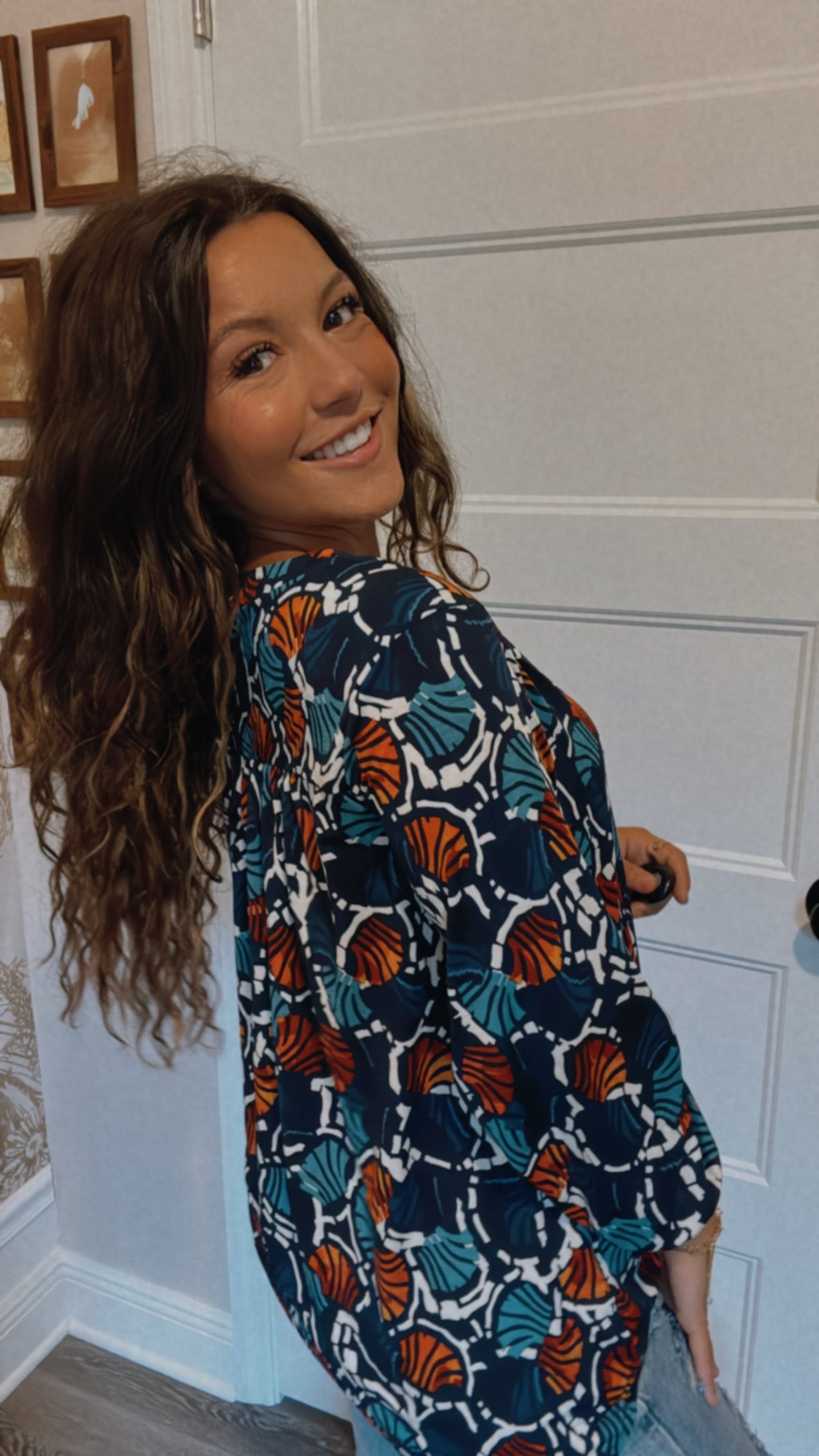 Navy and Rust Bubble Sleeve Vneck Top