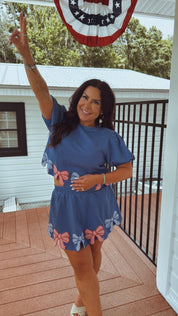 Blue and Red Gingham Sequin Bow Top