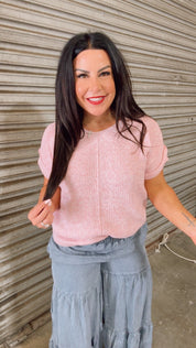 Chic Dusty Pink Knit Short Sleeve Sweater Top