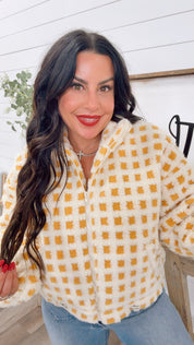 Cream And Yellow Checkered Fuzzy Zip Up Cozy Co Jacket