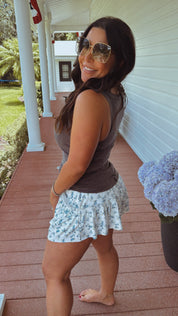 Blue and White Floral Ruffle Pocket Trim Shorts