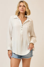 Cozy Co White  Pleat Detail Button Down Blouse Top 30a