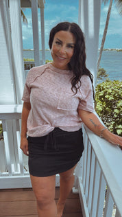 Blush and White Knit Short Sleeve Pocket Top