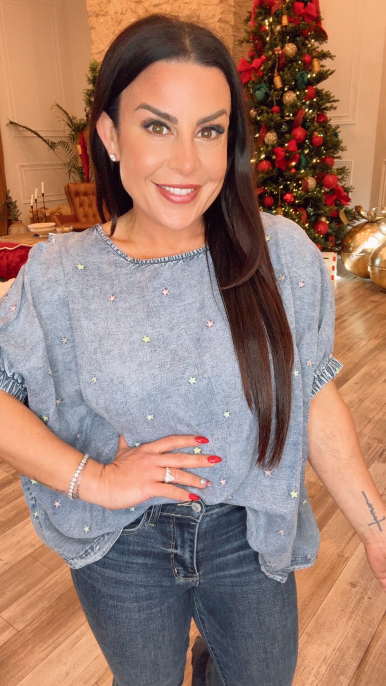 Denim and Embroidered Floral Top