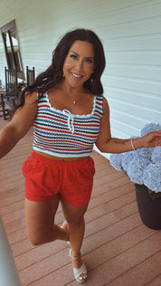 Red White and blue Knit Bow Tie Front Tank