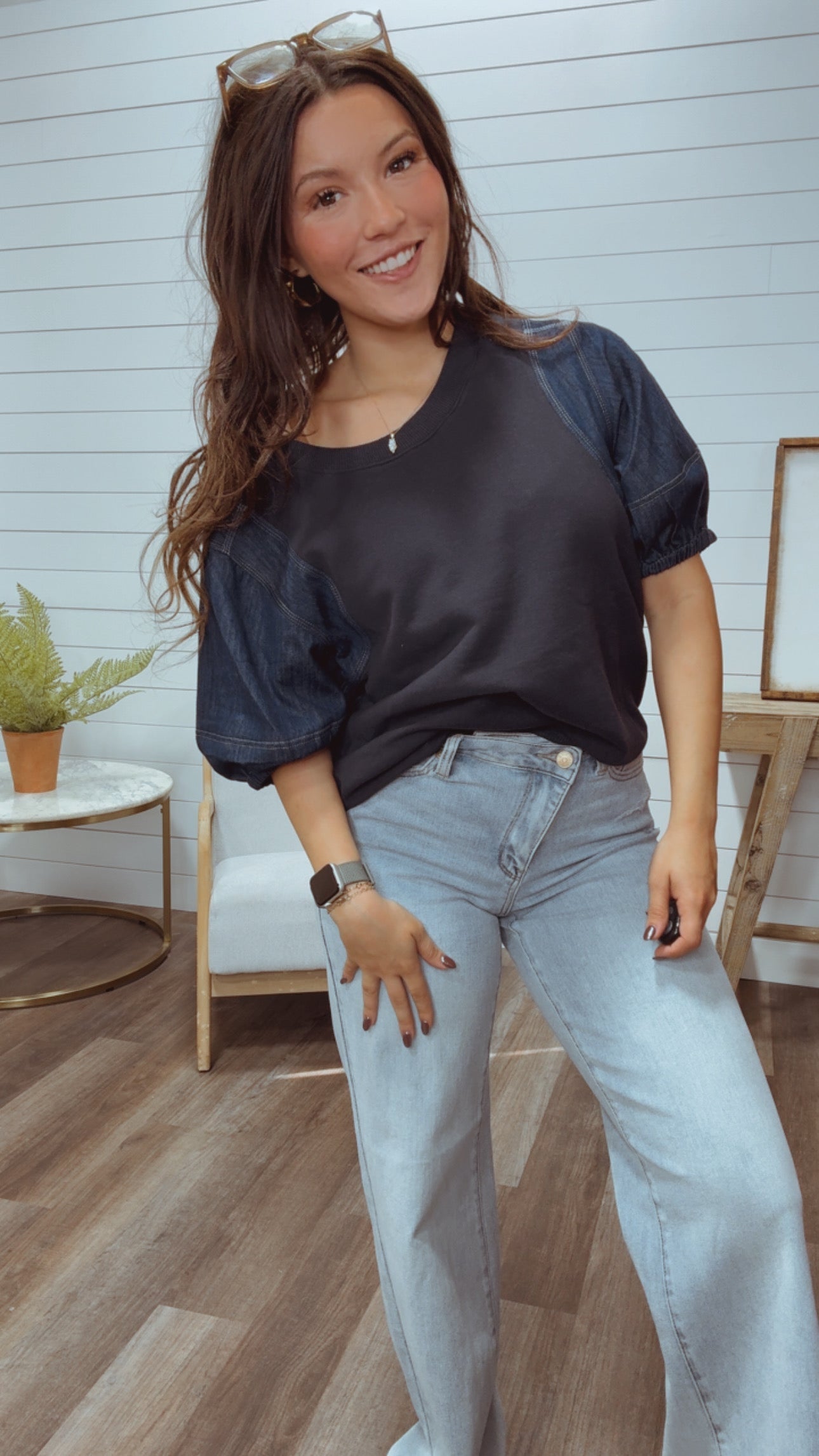 Denim and Crewneck Ruffle Sleeve Top