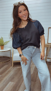Denim and Crewneck Ruffle Sleeve Top