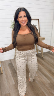 Sassy Ribbed Long Sleeve Lace Trim Brown Top