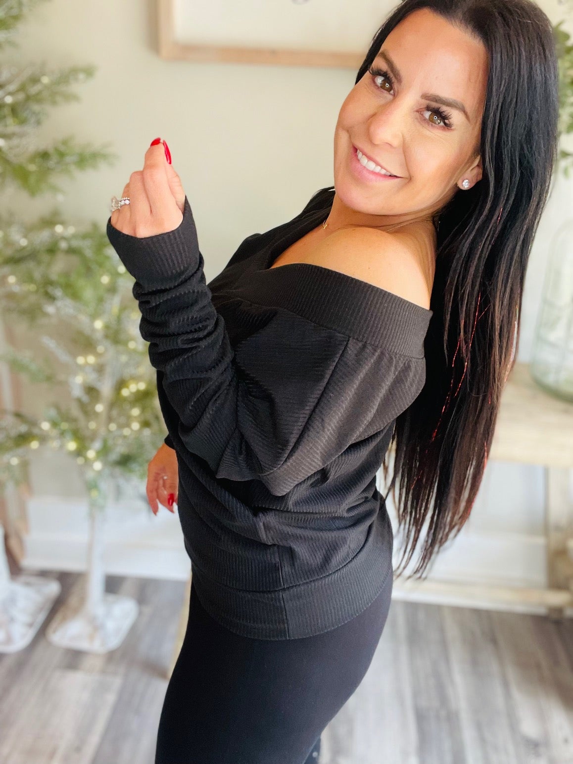 Long Sleeve Black Off Shoulder Top