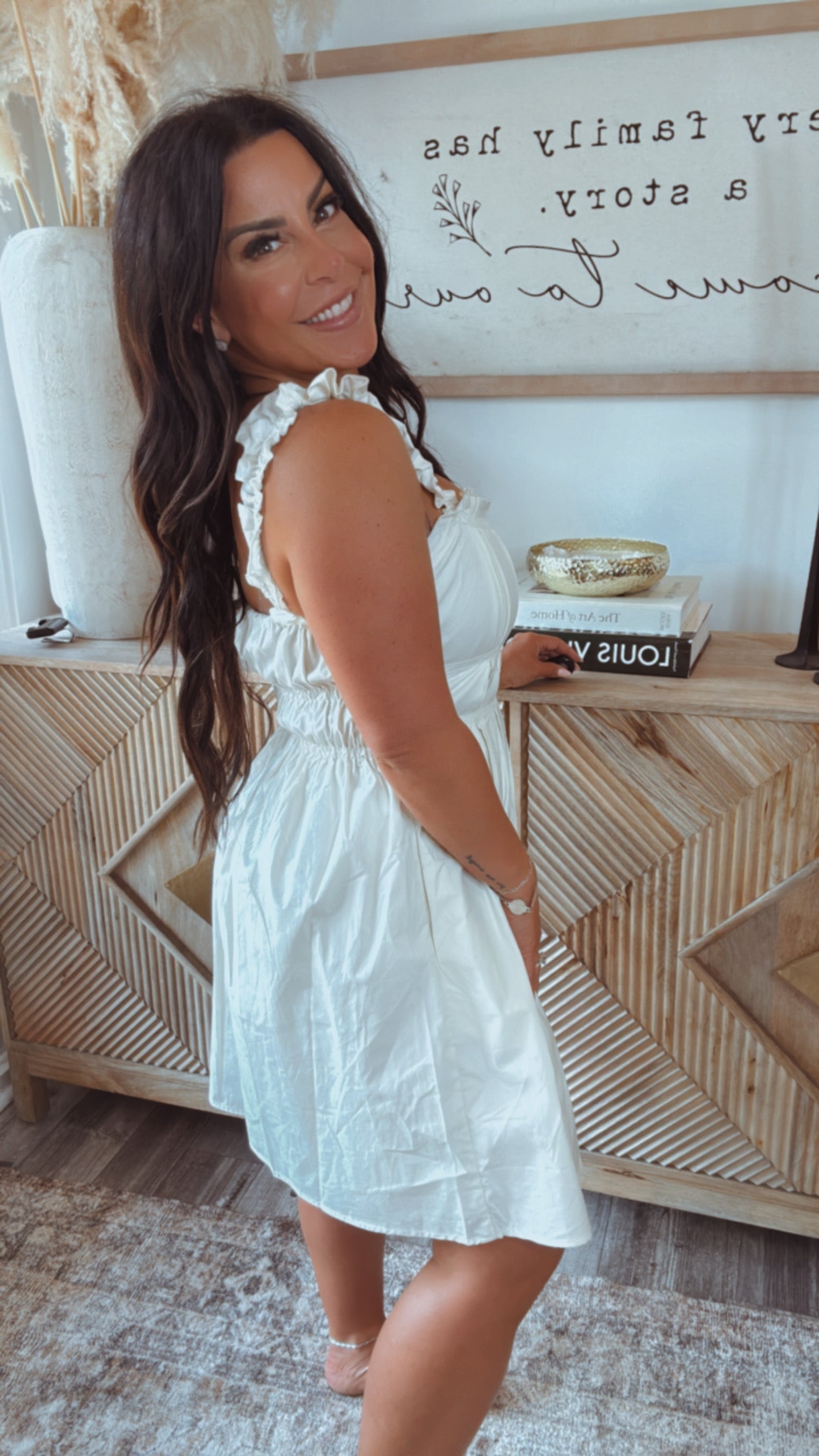 Taupe Pleated Ruffle Strap Dress