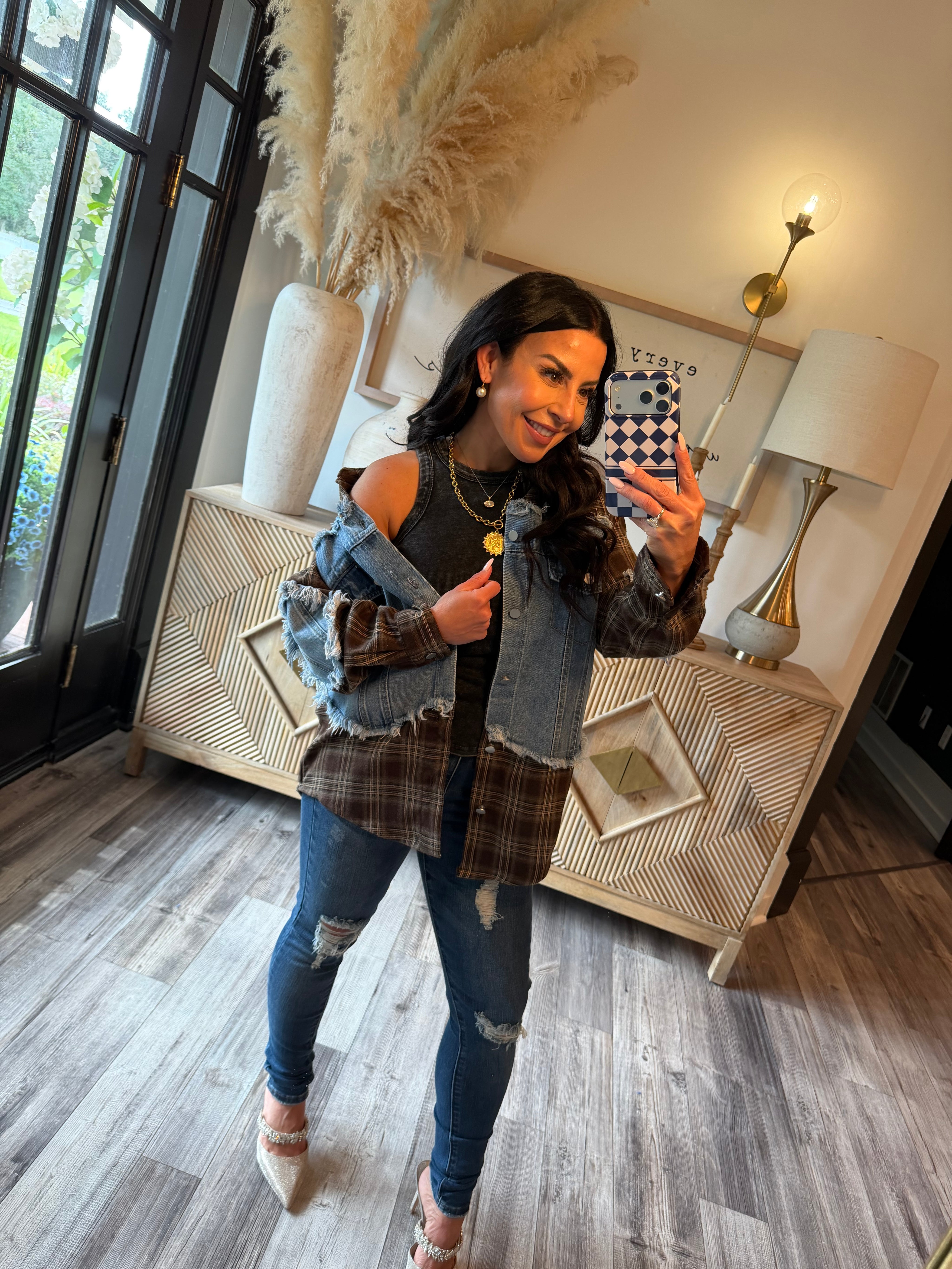 Denim and Chocolate Brown Flannel Distressed Hem Jacket