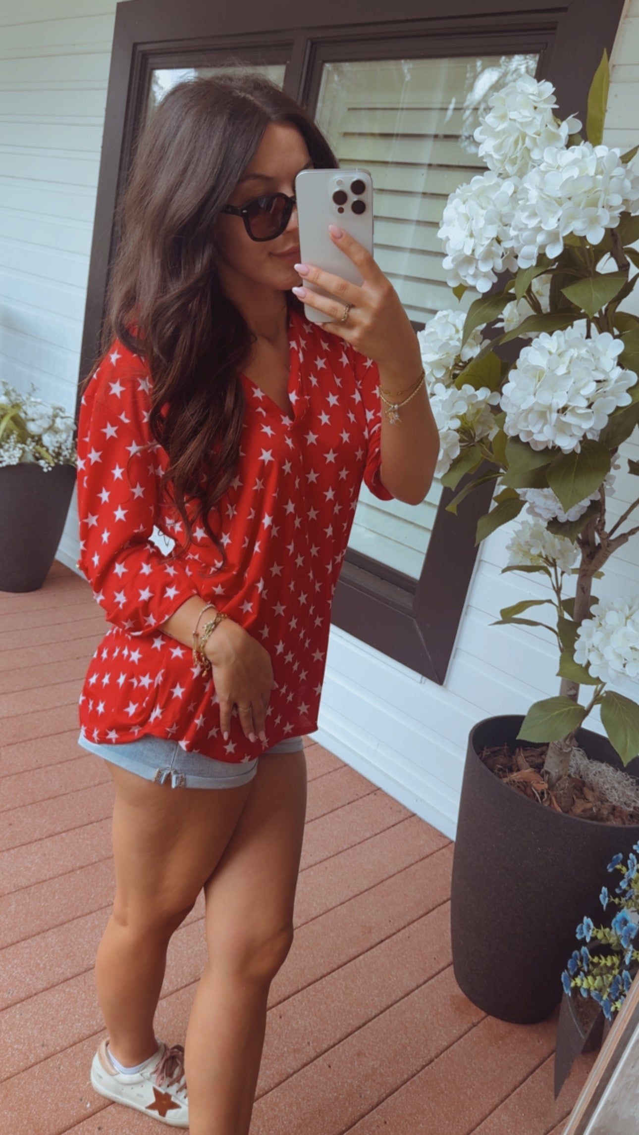 Red Vneck White Star Loose Fit Top