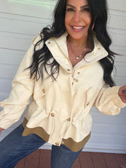 Cream And Olive Gold Button Zip Up Jacket