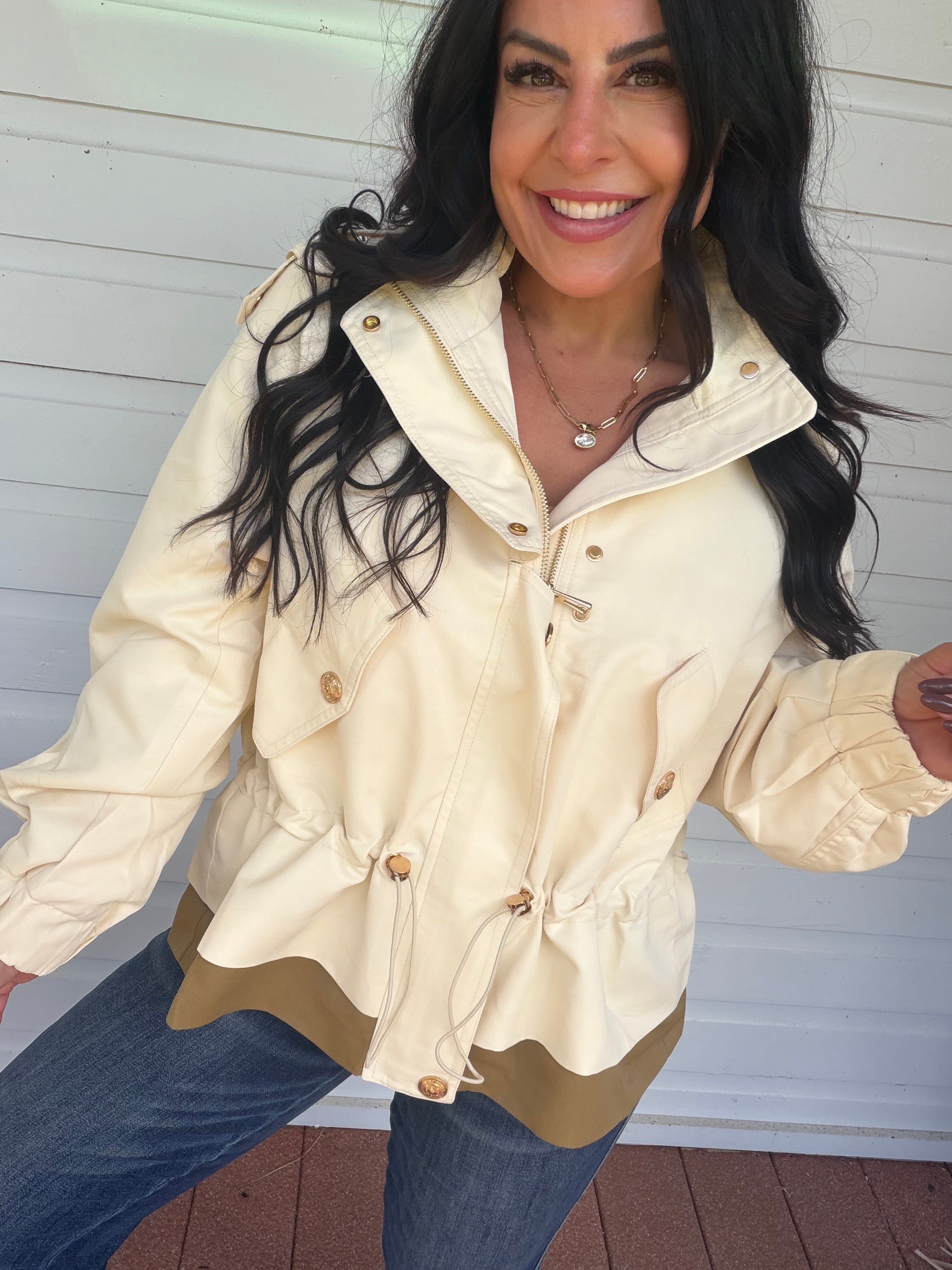 Cream And Olive Gold Button Zip Up Jacket