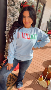 Blue Holly Jolly Embriodered Long Sleeve Crewneck
