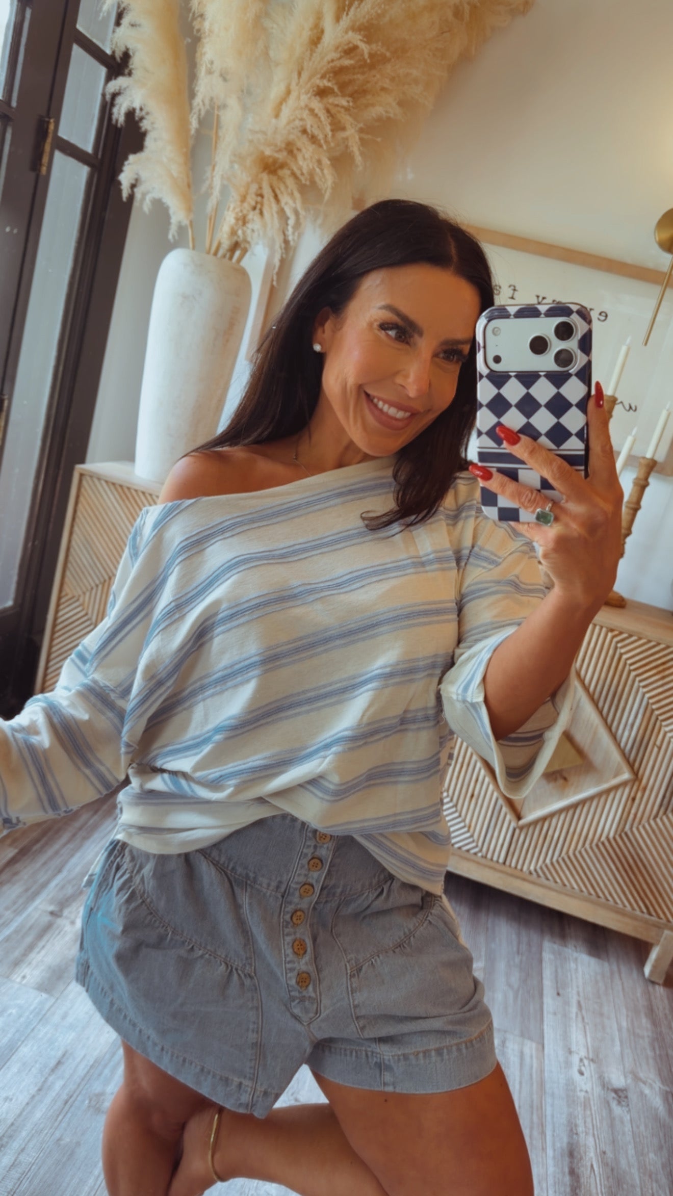 Stitch and CO Ivory Blue Striped Knit Long Sleeve Top