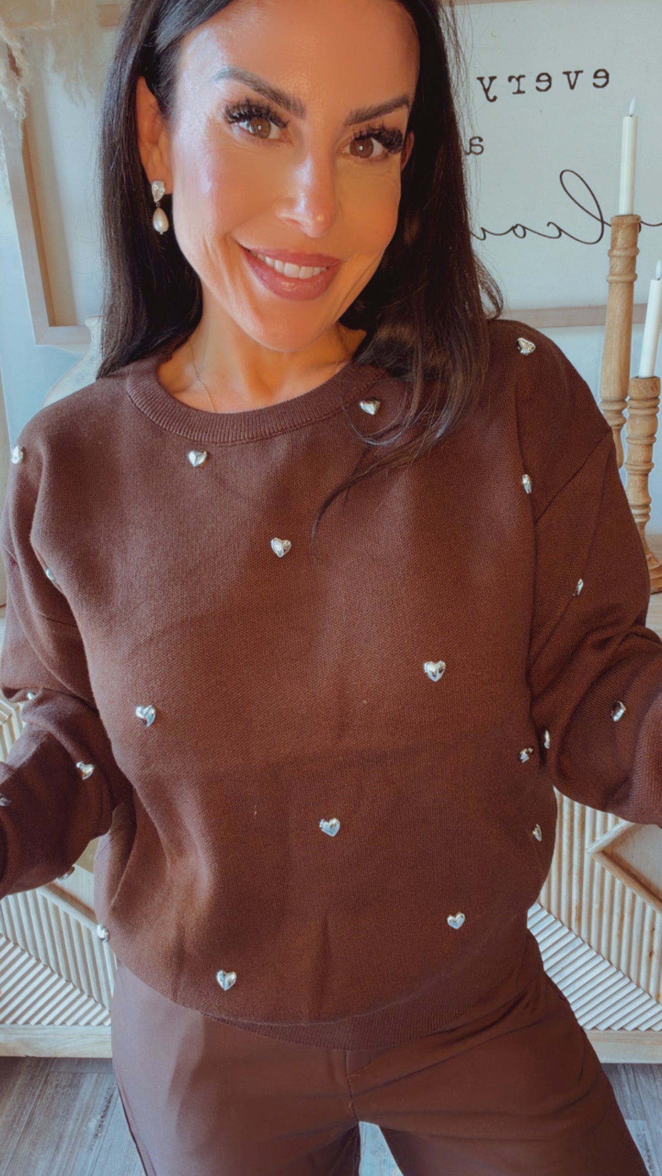 “Heart of Gold” Luxe Ultra Soft Cafe and Silver Heart Studded Sweater