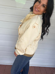 Cream And Olive Gold Button Zip Up Jacket