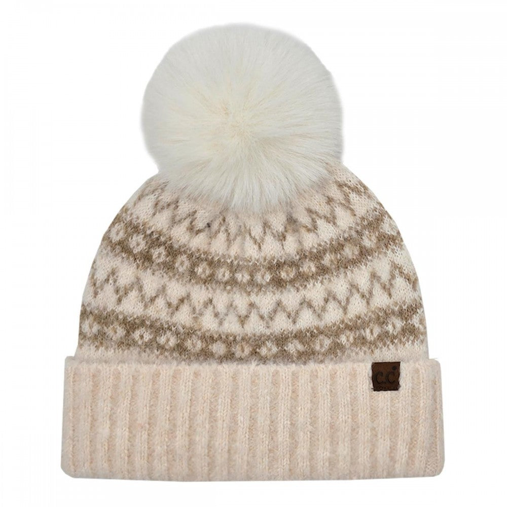 CC Cream and Brown Aztec Print Beanie with Pom