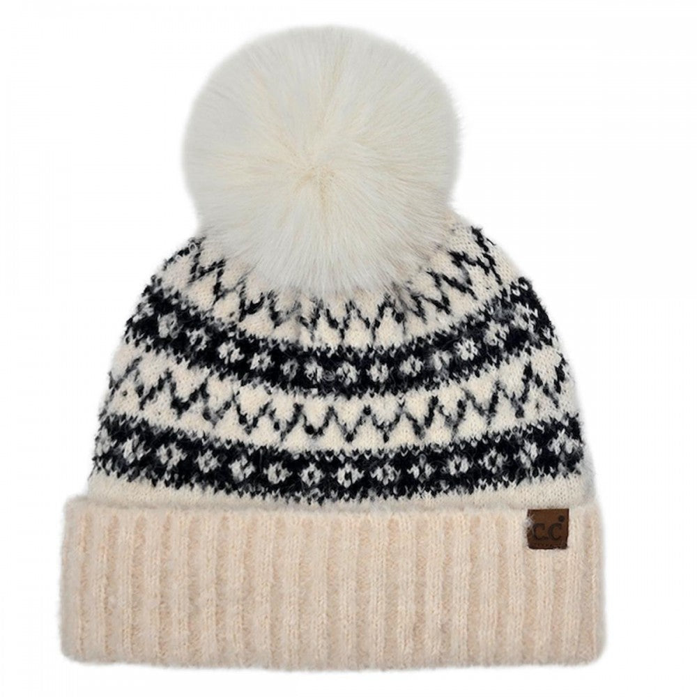 CC White and black Print Beanie With Pom