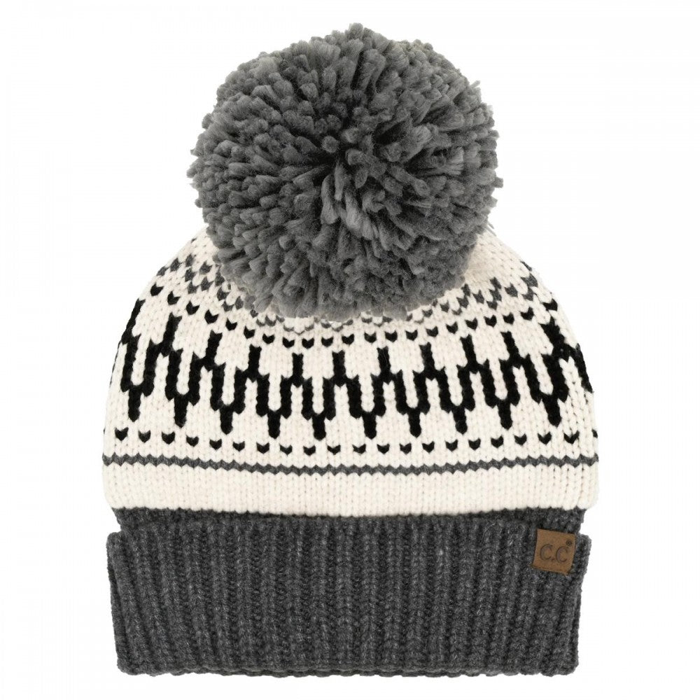 CC Grey Cream and Black With Pom Beanie