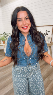 Cozy Co Denim And Pearl Embellished Button Up Top