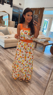 Chic White and Fruit Two Piece Set Top and Maxi Skirt