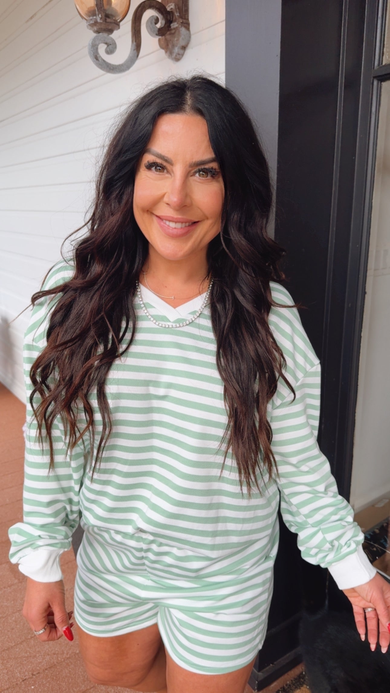 Cozy Long Sleeve Sage and White Stripe Set Long Sleeve Top and Shorts