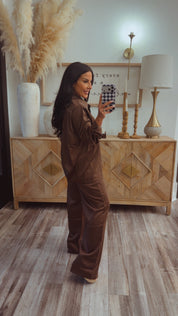 Luxe Silky Brown 2 Piece Button Long Sleeve and Pants Set