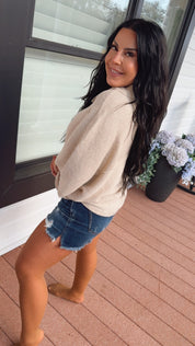 Sand Collared Short Sleeve Oversized Knit Top