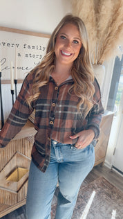 Brown and Grey Plaid Button Up Long Sleeve Top