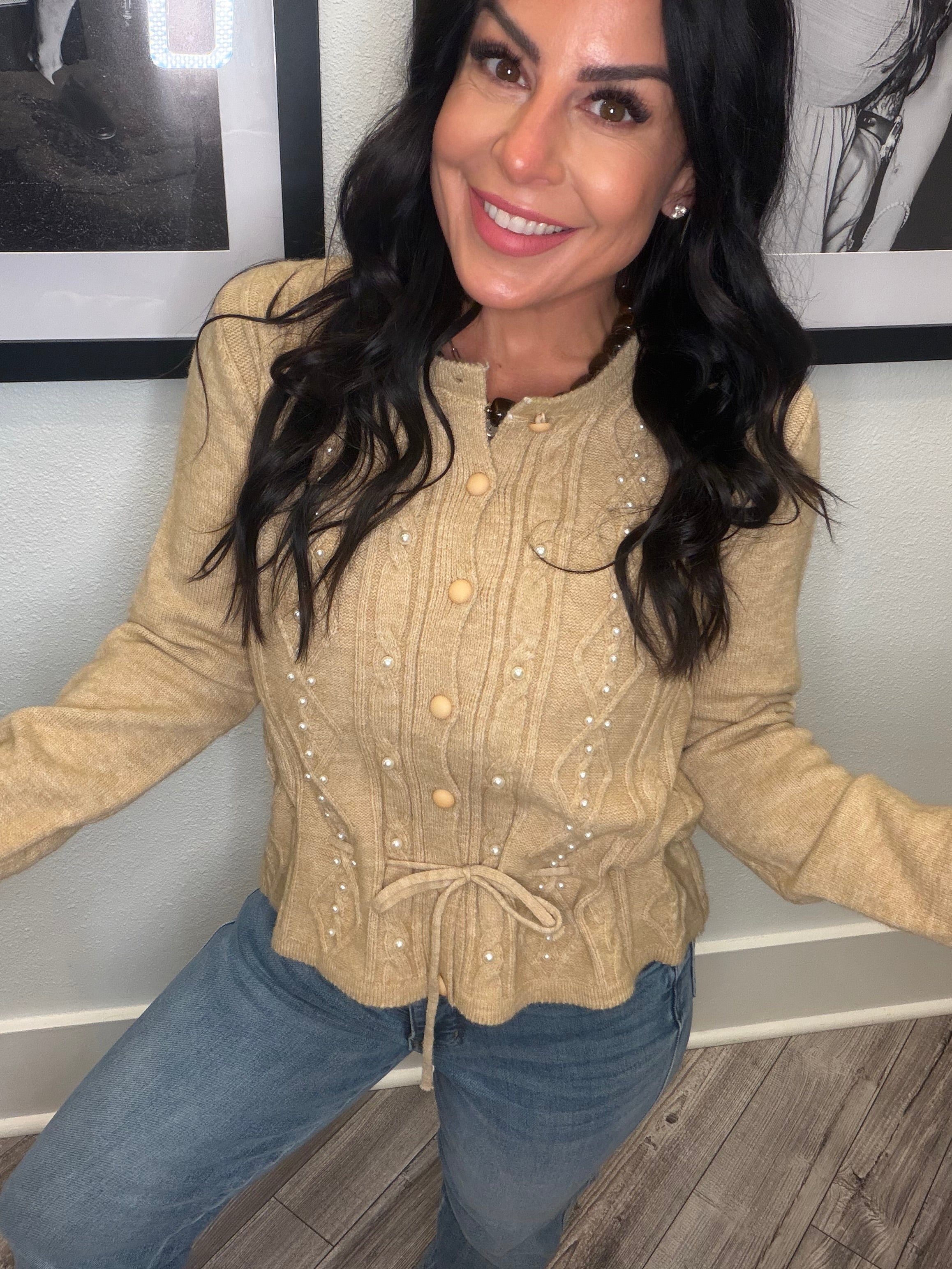 Light Brown Pearl Studded Button Up Cardi