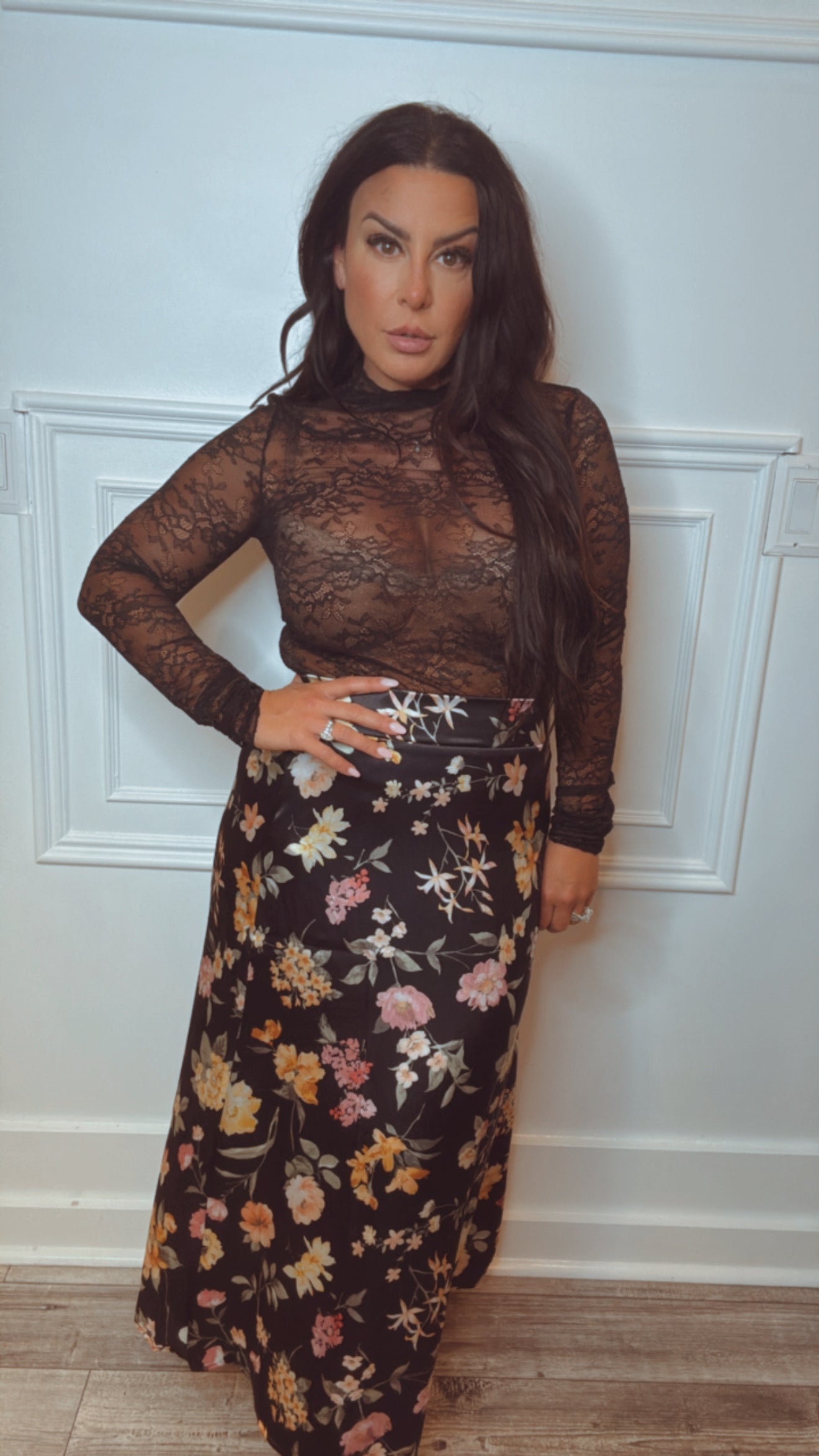 Black and Floral Satin Skirt