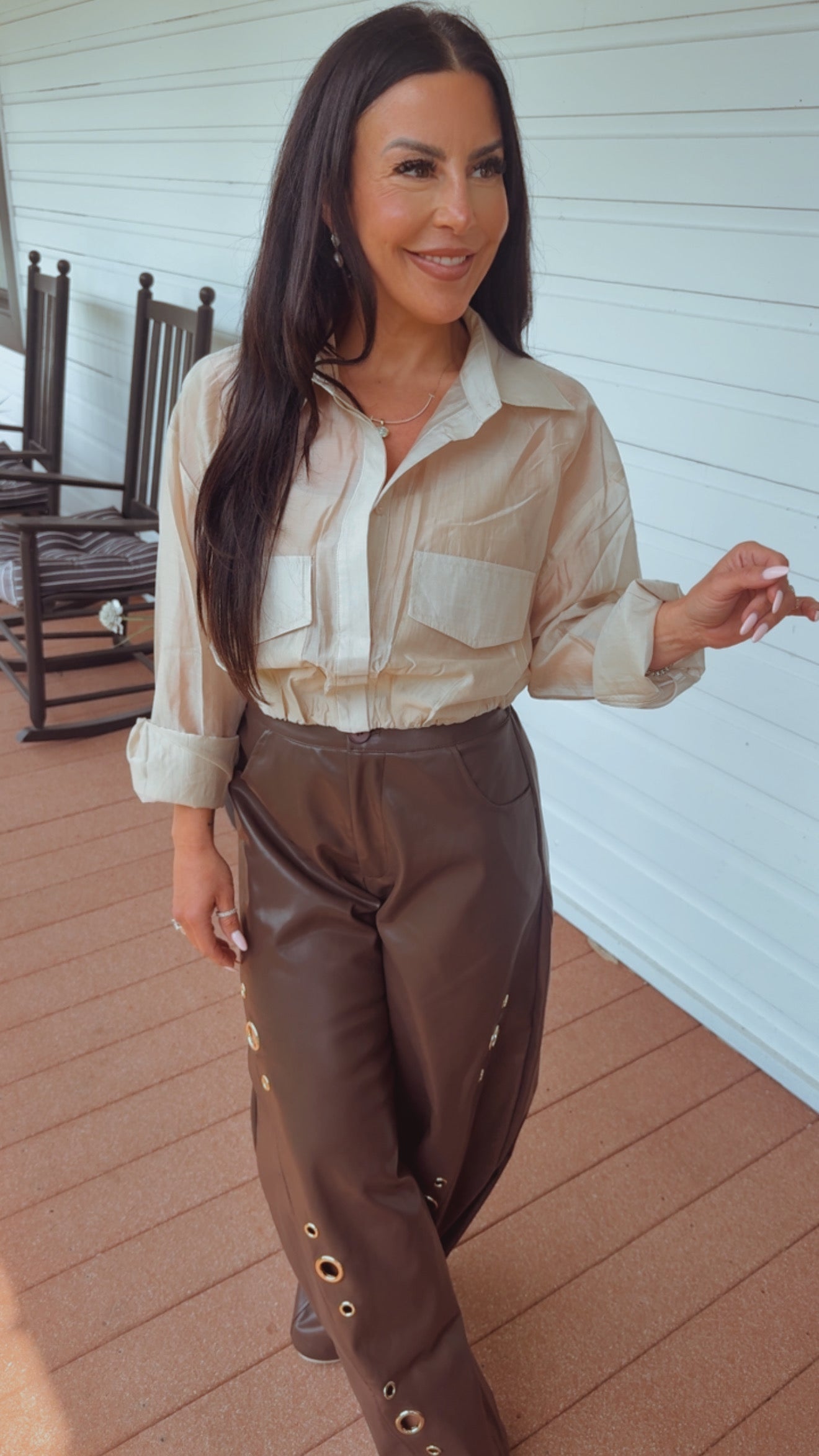 “The Show Stopper ” Sassy Beige Lightweight Long Sleeve Button Up Crop Blouse