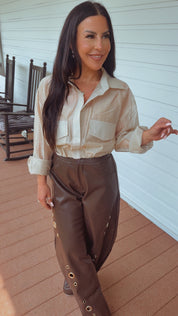 “The Show Stopper ” Sassy Beige Lightweight Long Sleeve Button Up Crop Blouse