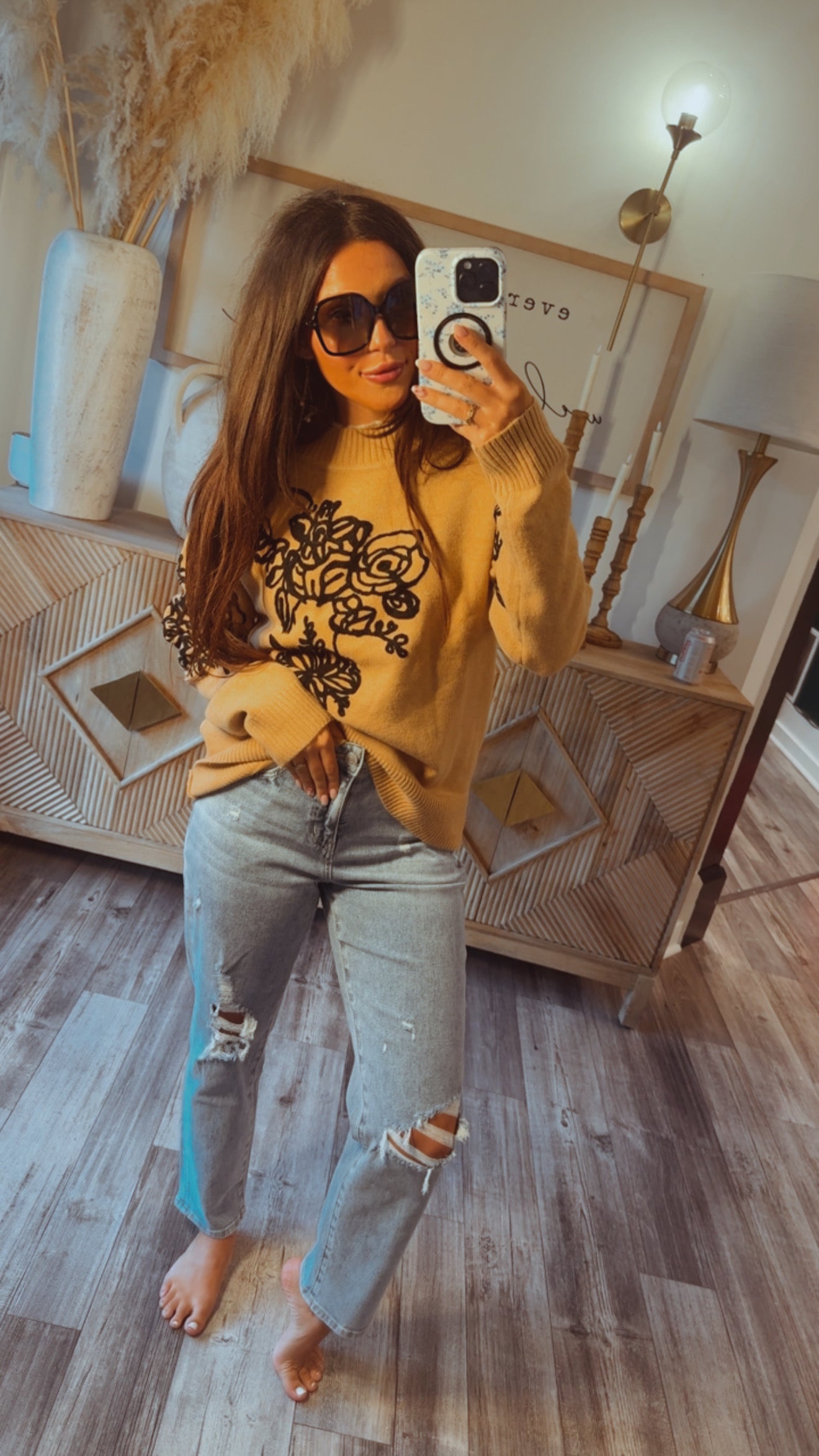 Camel And Black Floral Lightweight Sweater