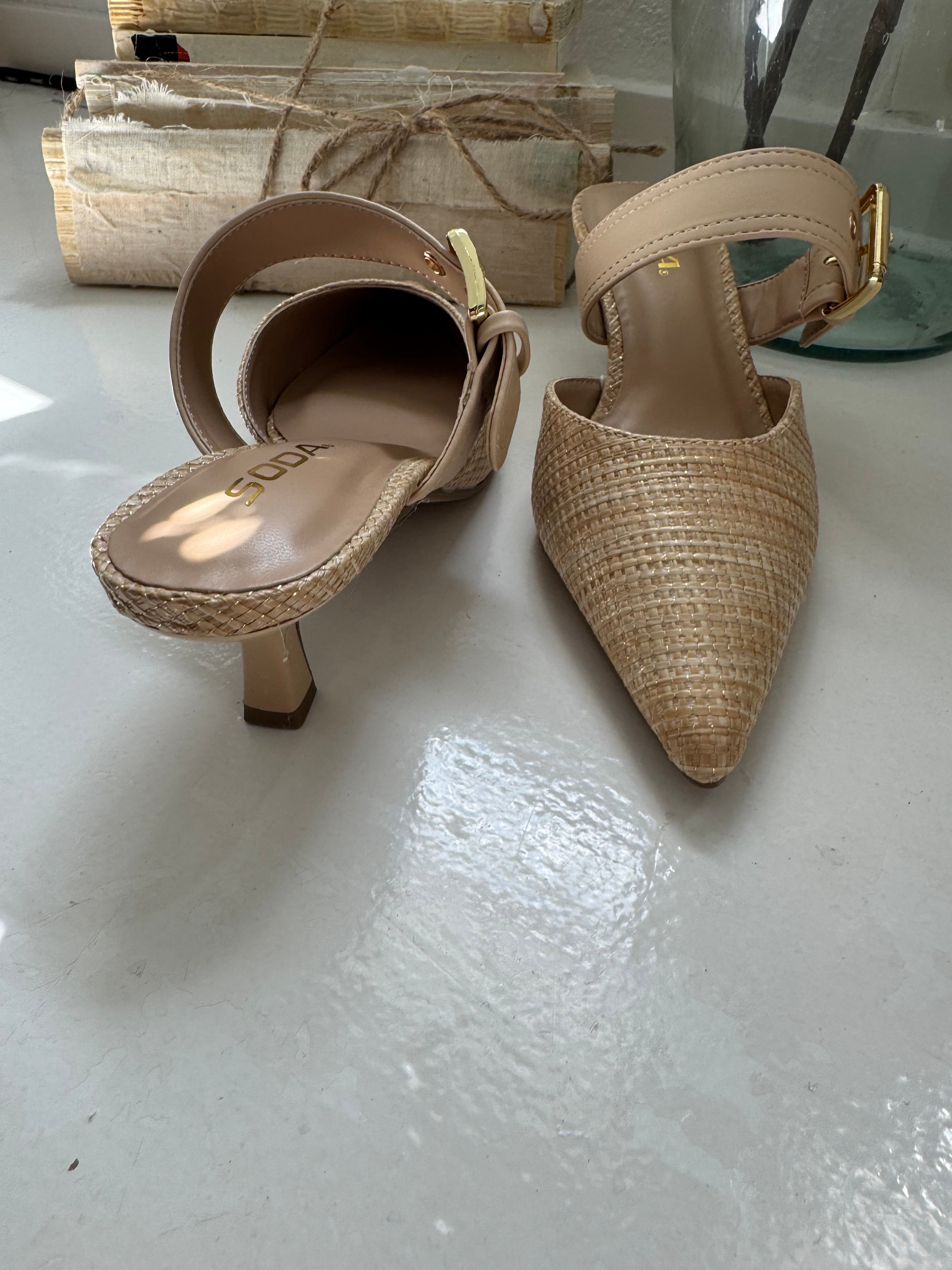 Gold and Natural Point Toe heels