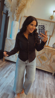 Black Button Up Long Sleeve Top