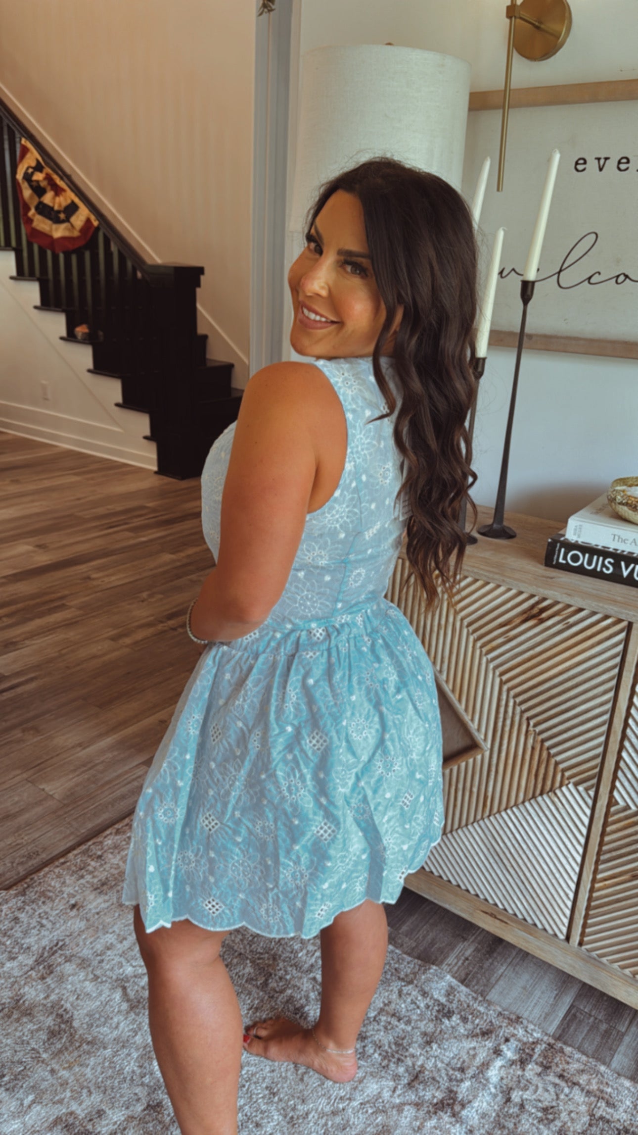 Blue and White Eyelet Lace Two Piece  Set top and Skirt