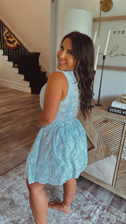 Blue and White Eyelet Lace Two Piece  Set top and Skirt