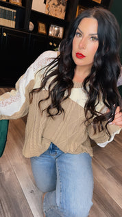 Chic POL MOcha and Cream Cable Knit Floral V-neck Sweater