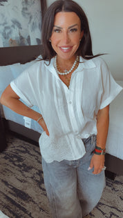 Eyelet Lace Chic White Button up Top