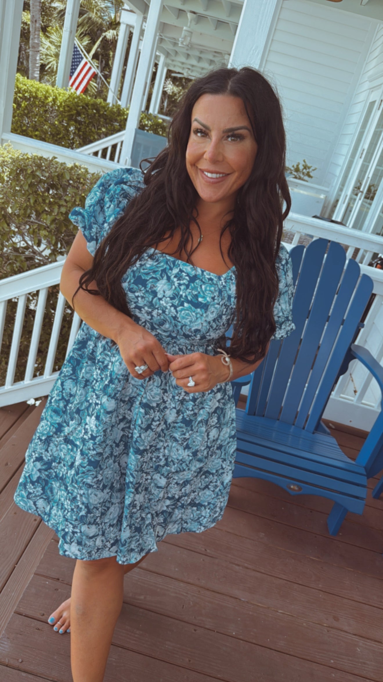 Chic Blue and White Floral Puff Sleeve Dress-DEA; OF THE DAY